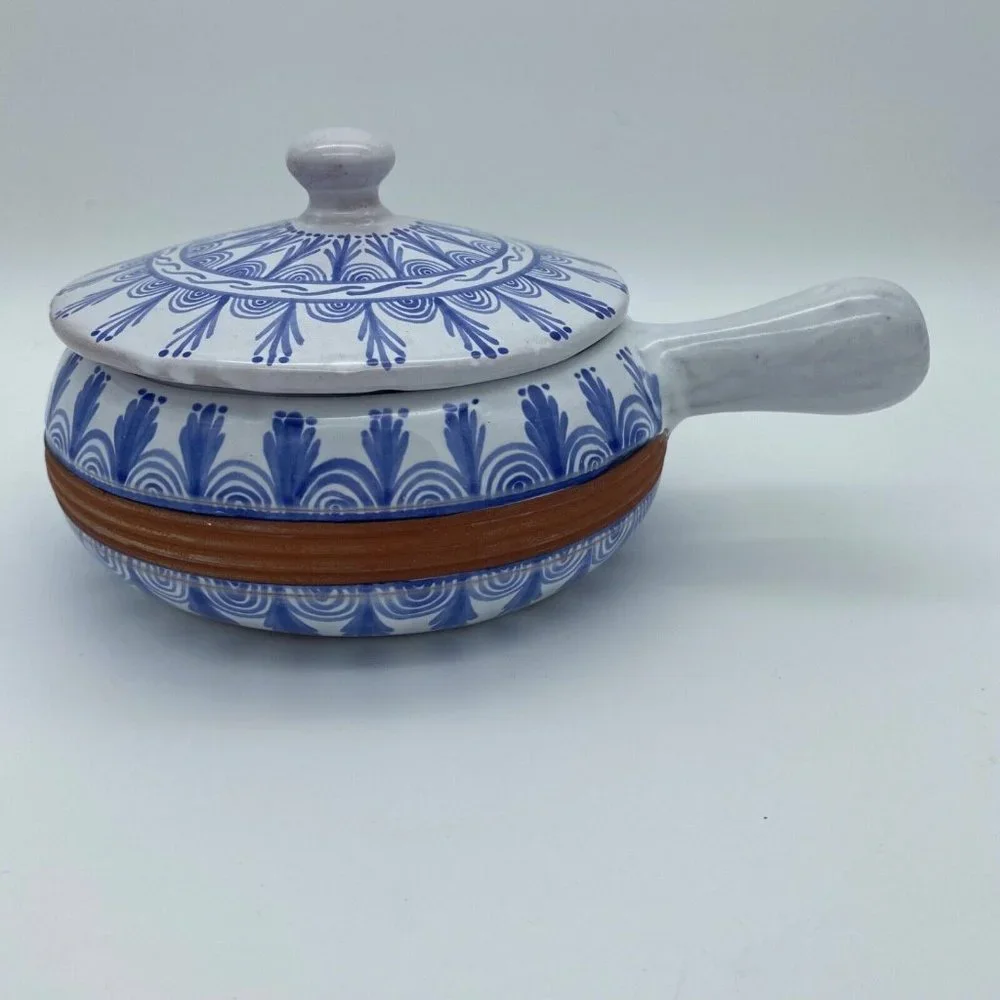 TLAL‎ MICH COLIN Mexican Pottery Hand Painted Cobalt Blue White Bean Bowl w/Lid